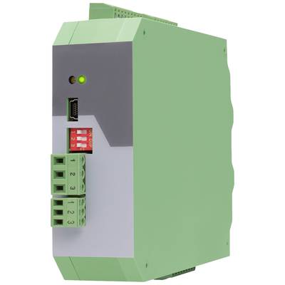 Industrial device with a green casing and various connections. A green control light is illuminated on the top.
