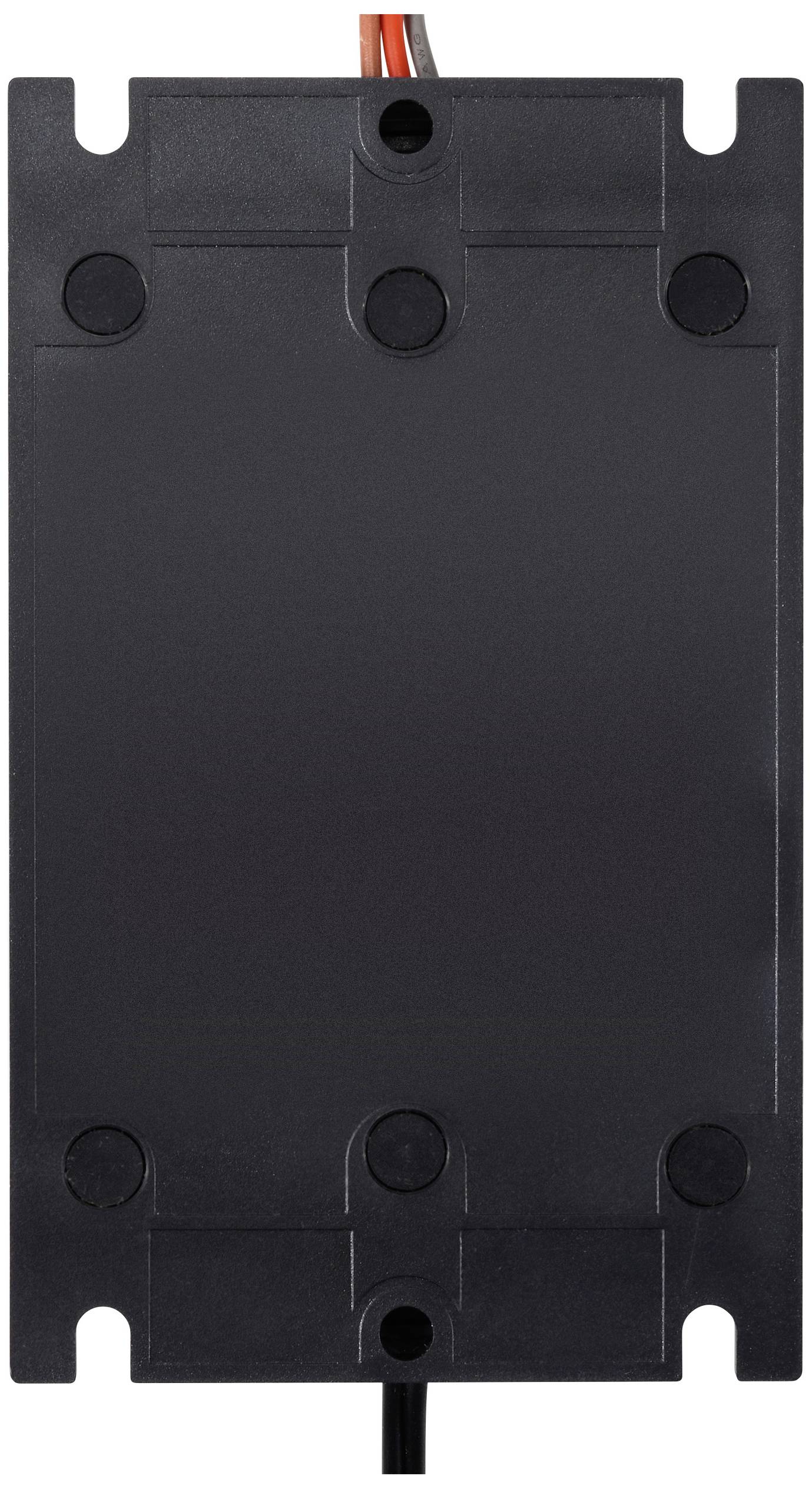 A black rectangular electronic component with rounded corners, multiple screw fixings, and a cable connection at the top.