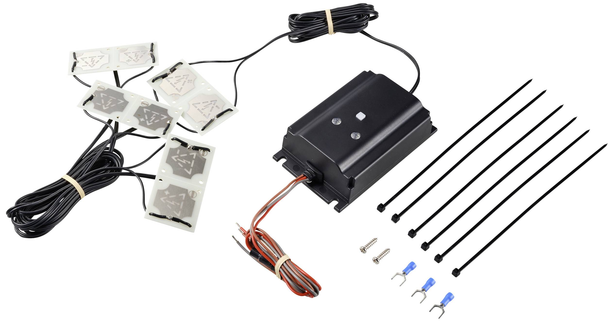 Electrical set with control elements, cables, screws, and cable ties. Used for installing electrical components.