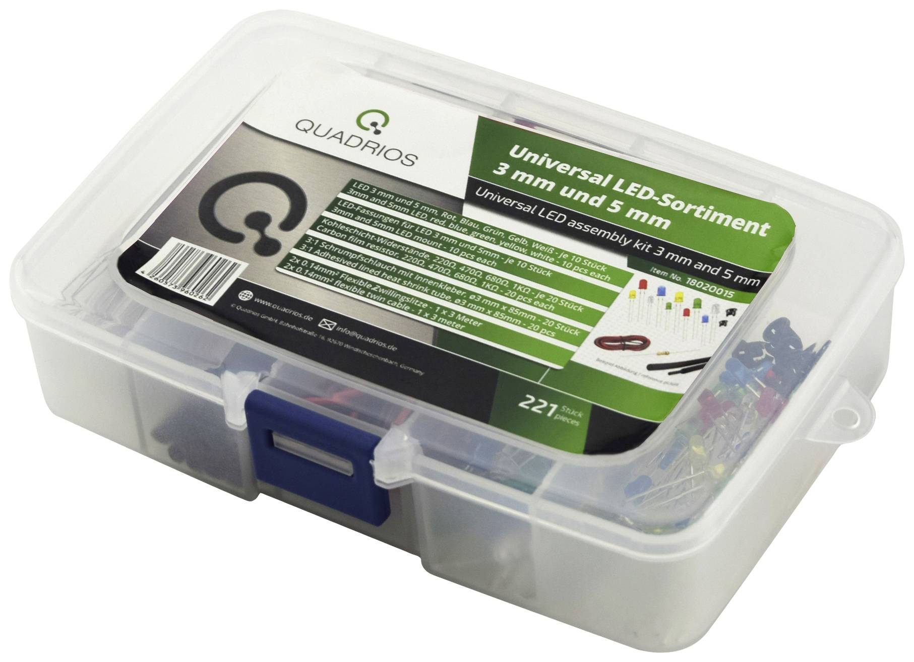 Quadrios LED set Red, Green, Yellow, Blue, Cold white 3 mm, 5 mm 20 mA 2.0 V