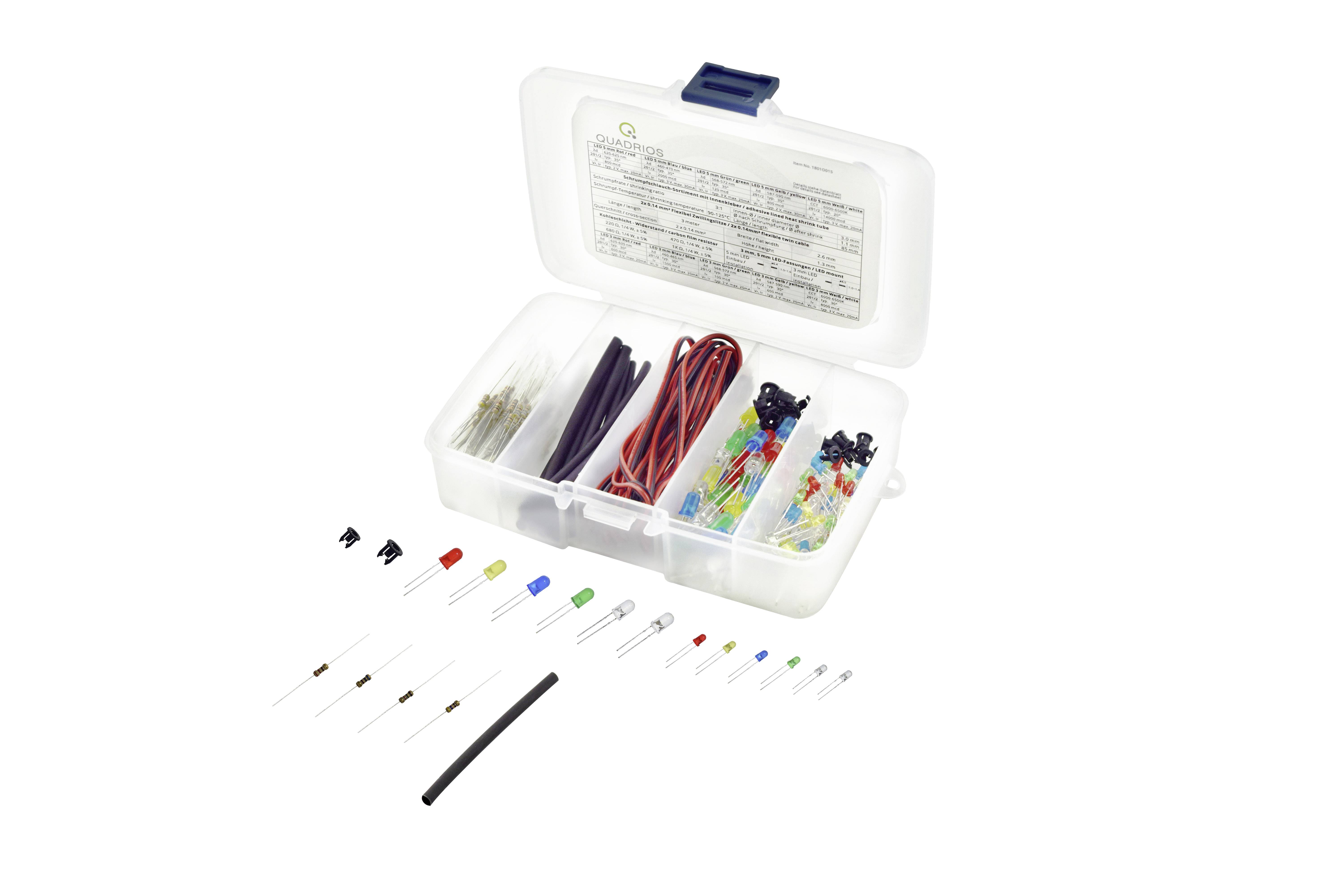 An open plastic container with various electronic components such as resistors, LED lights, and cables on a white background.