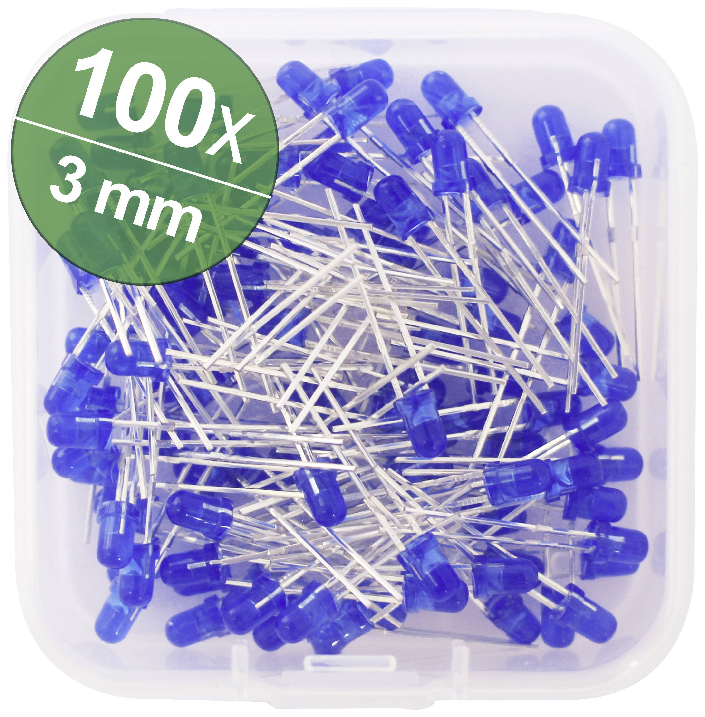 A transparent plastic box contains 100 blue LEDs measuring 3 mm in diameter.