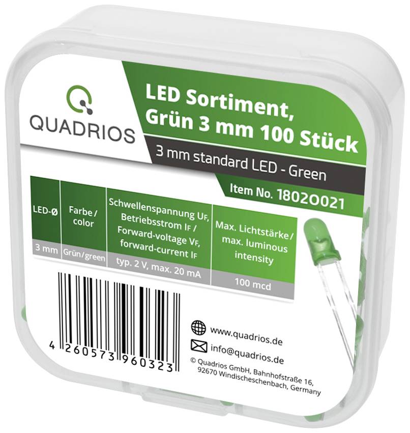 Packaging for LED Assortment, Green, 3 mm, 100 Pieces. Brand Quadrios. Article Number 18020021. Contains 3 mm Green LEDs.