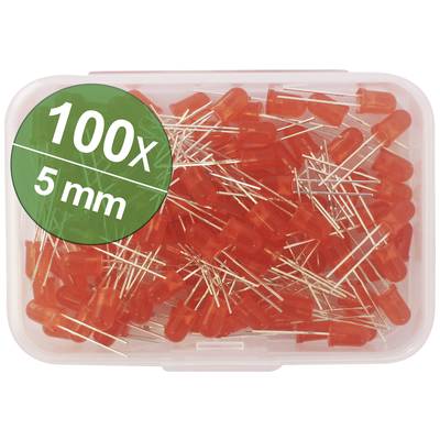 100 red LEDs in a transparent plastic box, 5 mm size, visible from above.