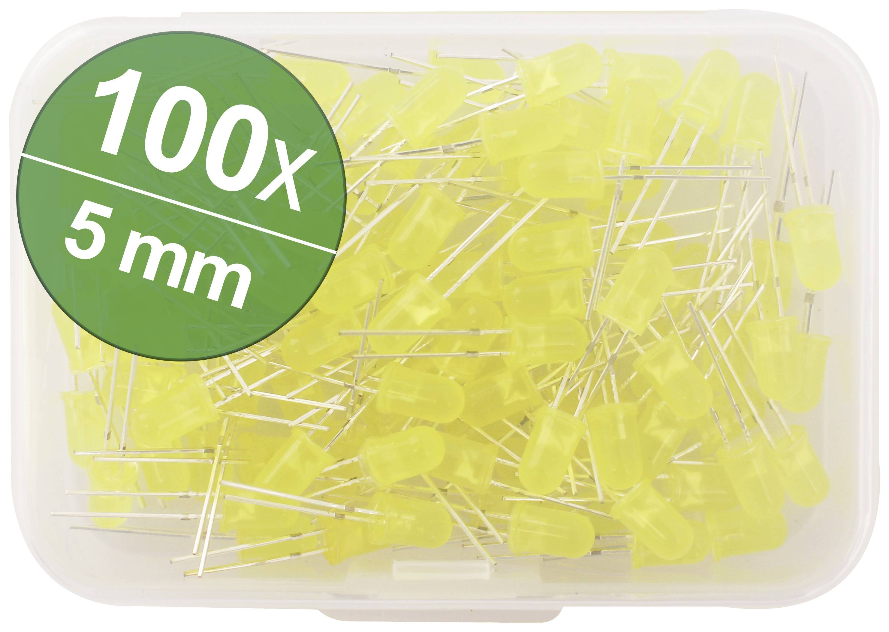 Plastic box containing 100 yellow LEDs, 5 mm in diameter.