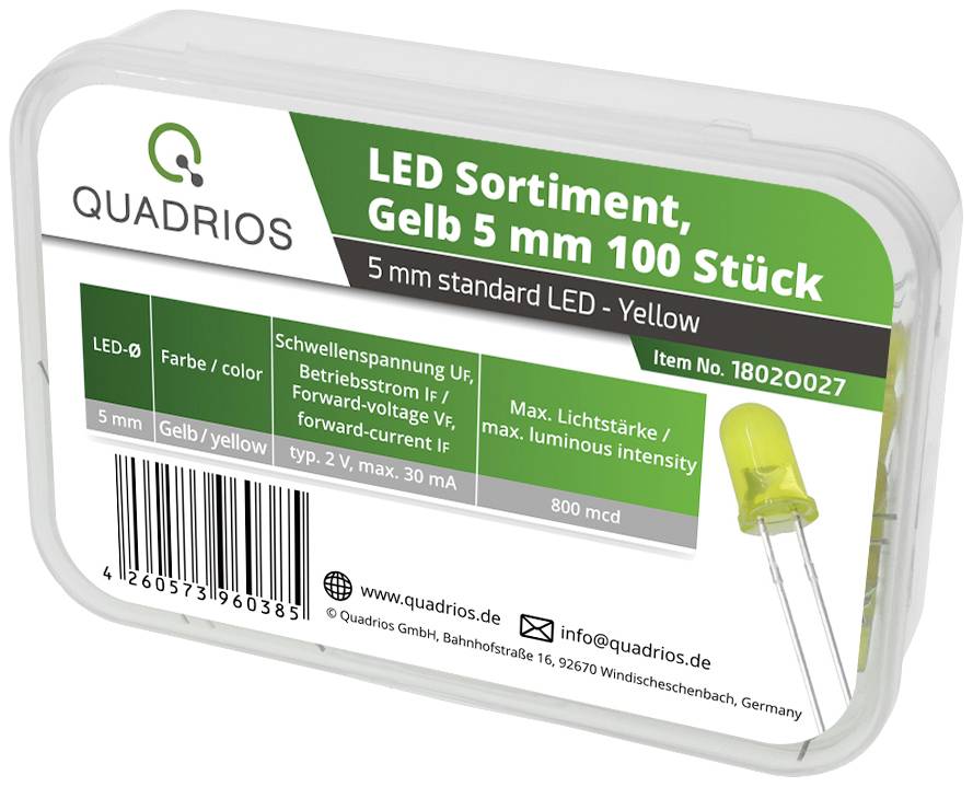 'LED Range, Yellow 5 mm 100 Pieces' on packaging. Contains yellow LEDs, 2V, max. 30 mA, 800 mcd. Manufacturer: Quadrios.
