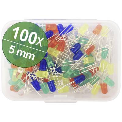 A box of 100 coloured LEDs, 5 mm in size, in various colours.