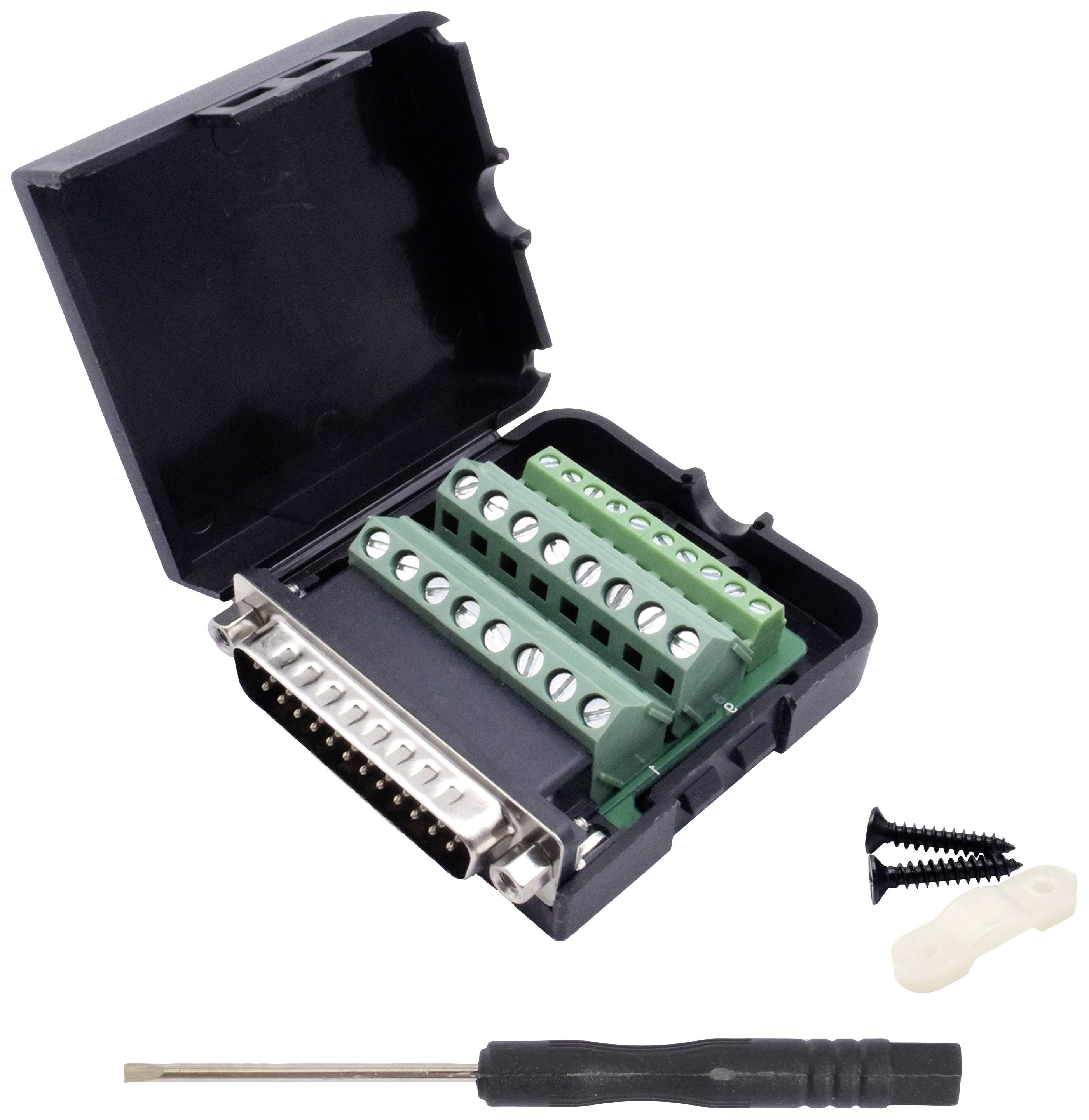 An open black junction box with green terminal strips and a 25-pin connector. A screwdriver and two screws are lying beside it.