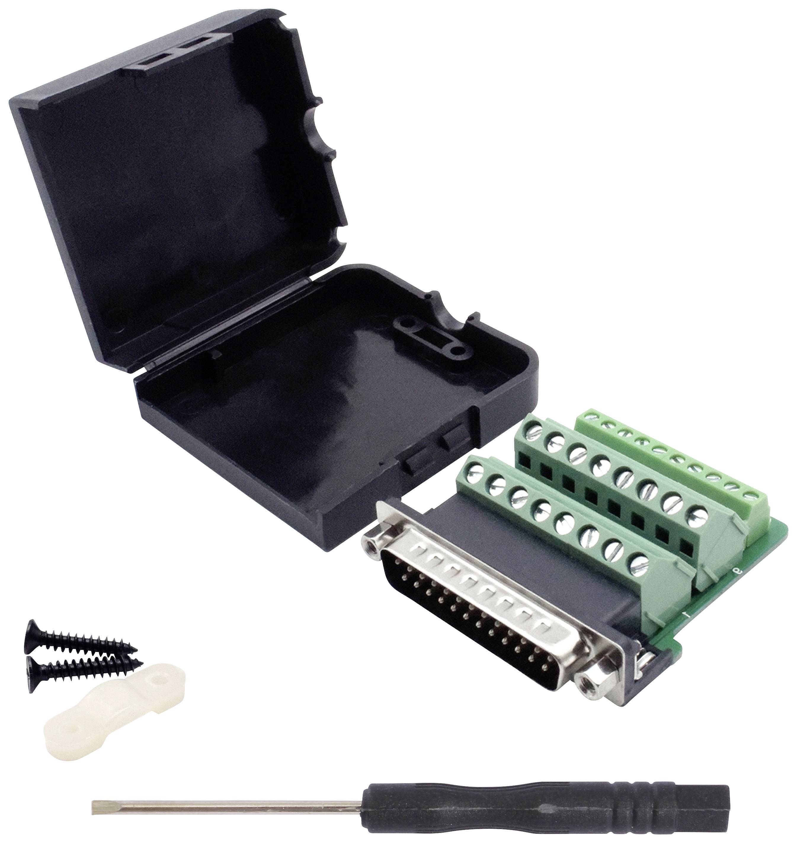 'DB25 Plug Terminal Block Adapter' with open protective housing, screw set and screwdriver. Ideal for electronic connections.