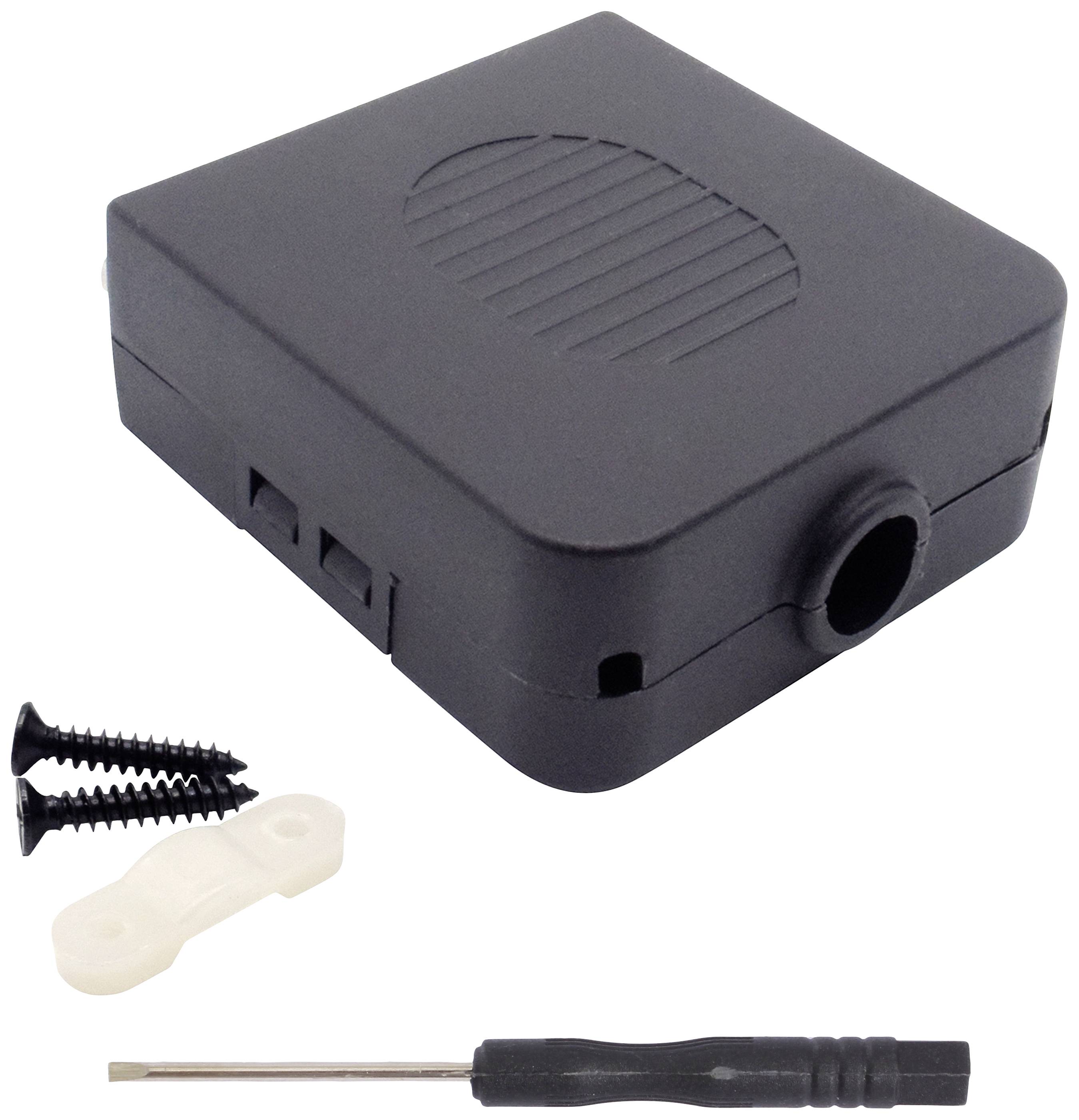 A black, rectangular enclosure next to two screws, a white mounting bracket and a small screwdriver.