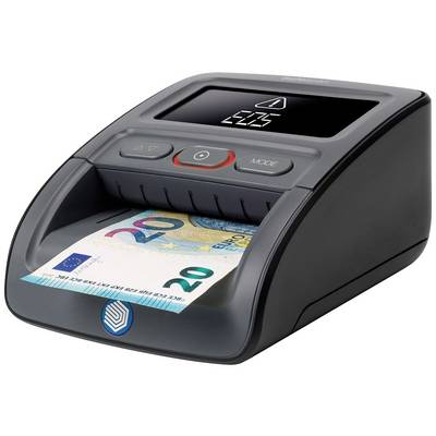A banknote checker with a 20-euro note indicates whether the note is genuine. The display shows symbols for usage.