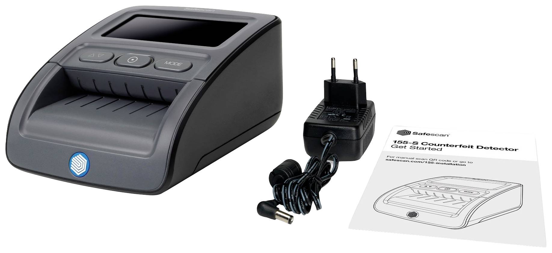 Counterfeit Money Detector with Screen; Mains Cable and Instruction Manual Alongside.