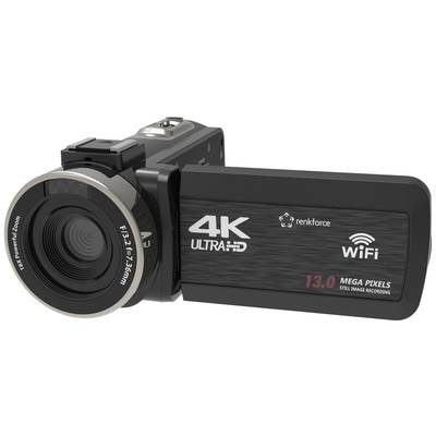 Digital camera in Black with 4K Ultra HD resolution, 13 Megapixel and Wi-Fi functionality. Foldable screen displays specifications.