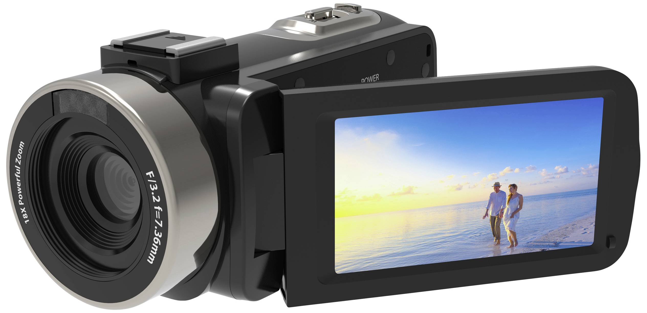 A video camera with its display folded out shows an image of two people on the beach at sunset.