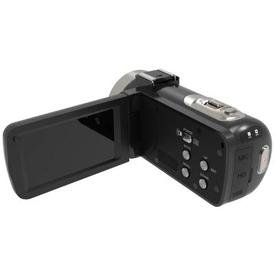 Digital video camera with folded-out display and multiple control buttons, suitable for filming and recording in high resolution.
