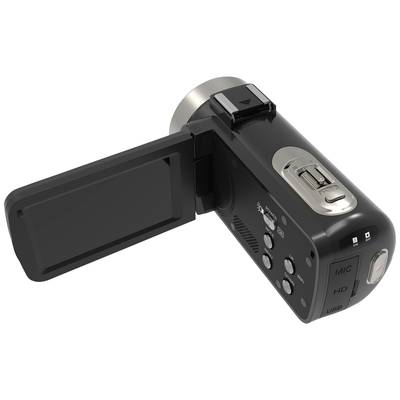 Black video camera with folded-out screen, multiple control buttons and ports. Optimised for recording and playback.