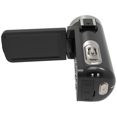 Black camcorder with folded-out screen and multiple control buttons on the side, including USB port.