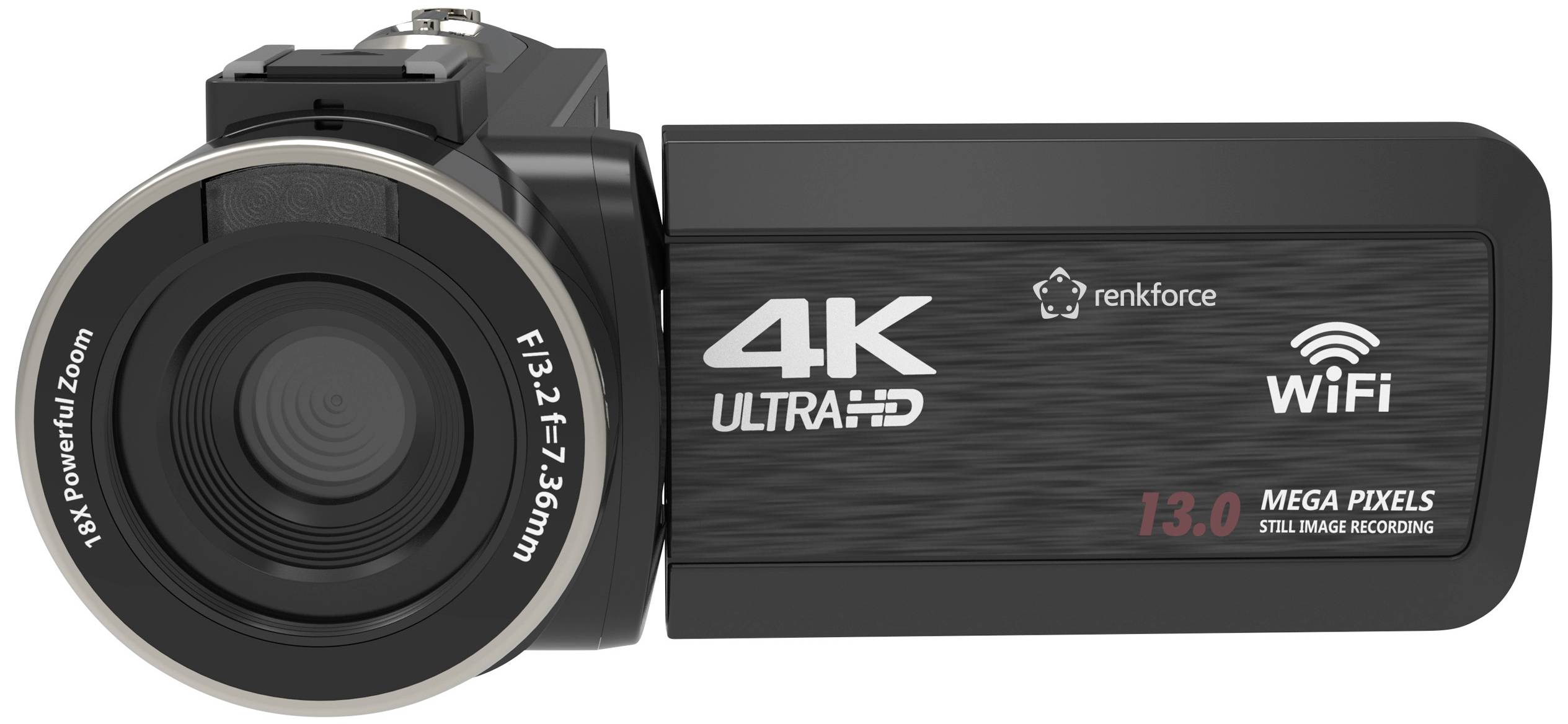 A black 4K Ultra HD video camera with Wi-Fi functionality, 18x zoom and 13.0 megapixel image quality.