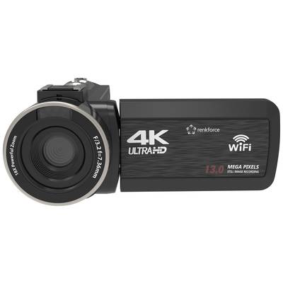 A black 4K Ultra HD video camera with Wi-Fi functionality, 18x zoom and 13.0 megapixel image quality.