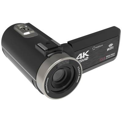 Digital camera with flip-out display. The camera offers 4K Ultra-HD resolution, Wi-Fi connectivity, and 13 megapixels.