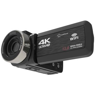 A black 4K Ultra HD video camera by Renkforce with 13.0 megapixels and Wi-Fi functionality.