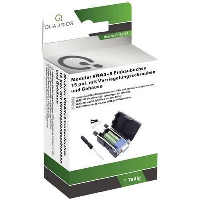 Packaging shows 'Modular VGA3+9 Mounting Socket' by Quadrios. Includes connection with screws, housing, wire stripping tool and screwdriver.