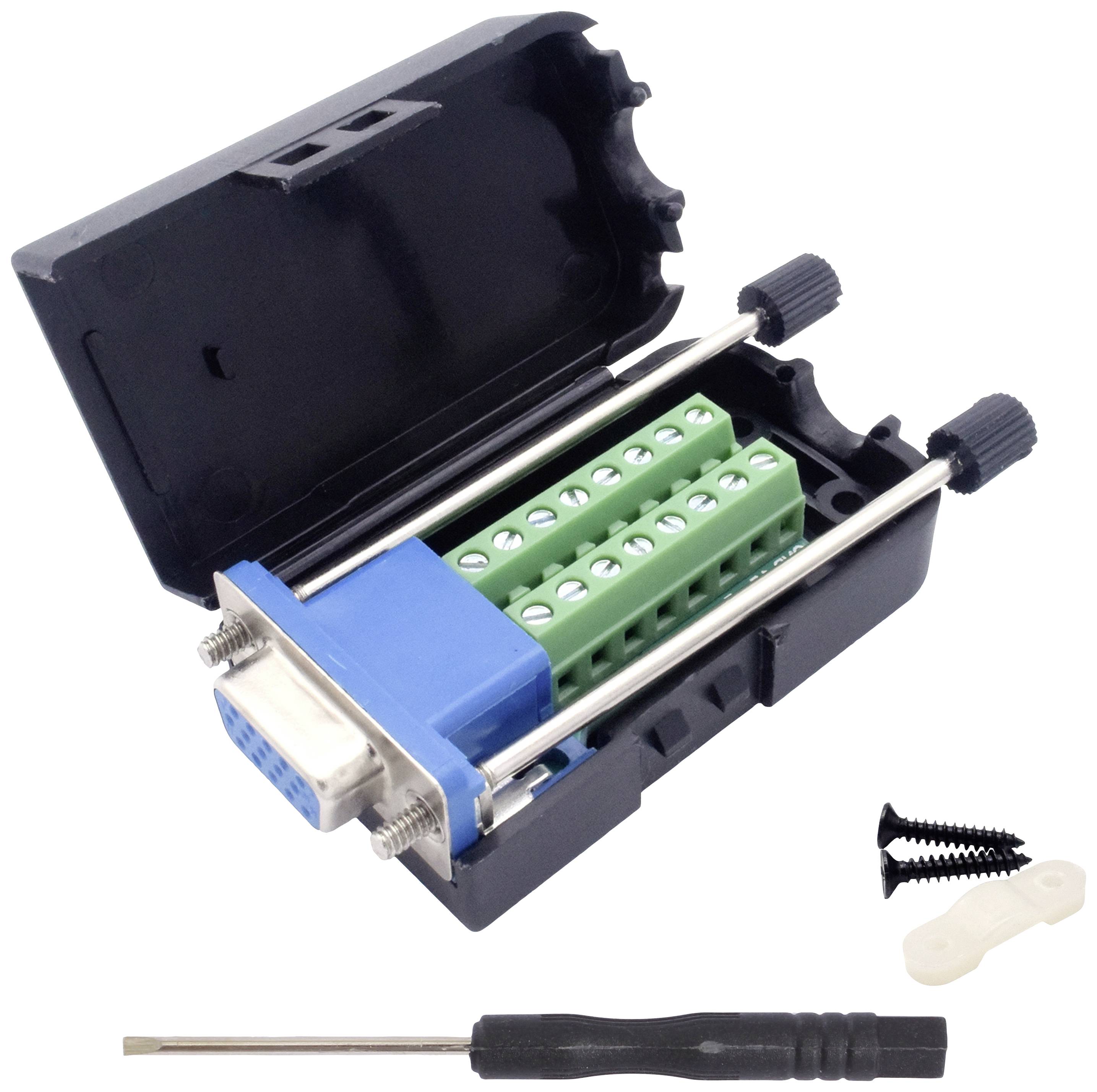 An open black adapter with green connection terminals and a blue plug area, alongside a screwdriver and screws.
