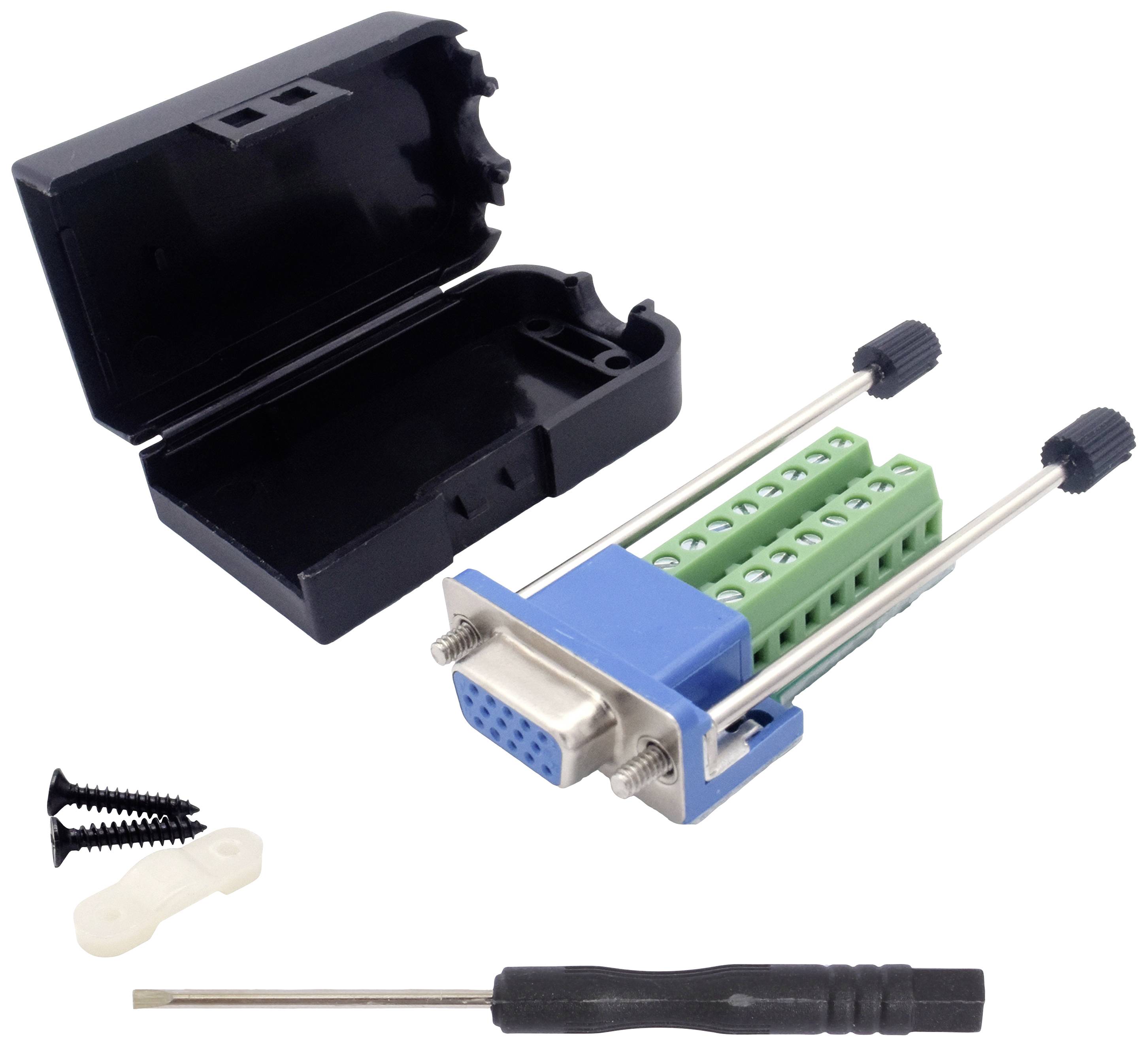 A RS232 adapter with terminal block, black plastic cover, screws and screwdriver for connecting electronic devices.