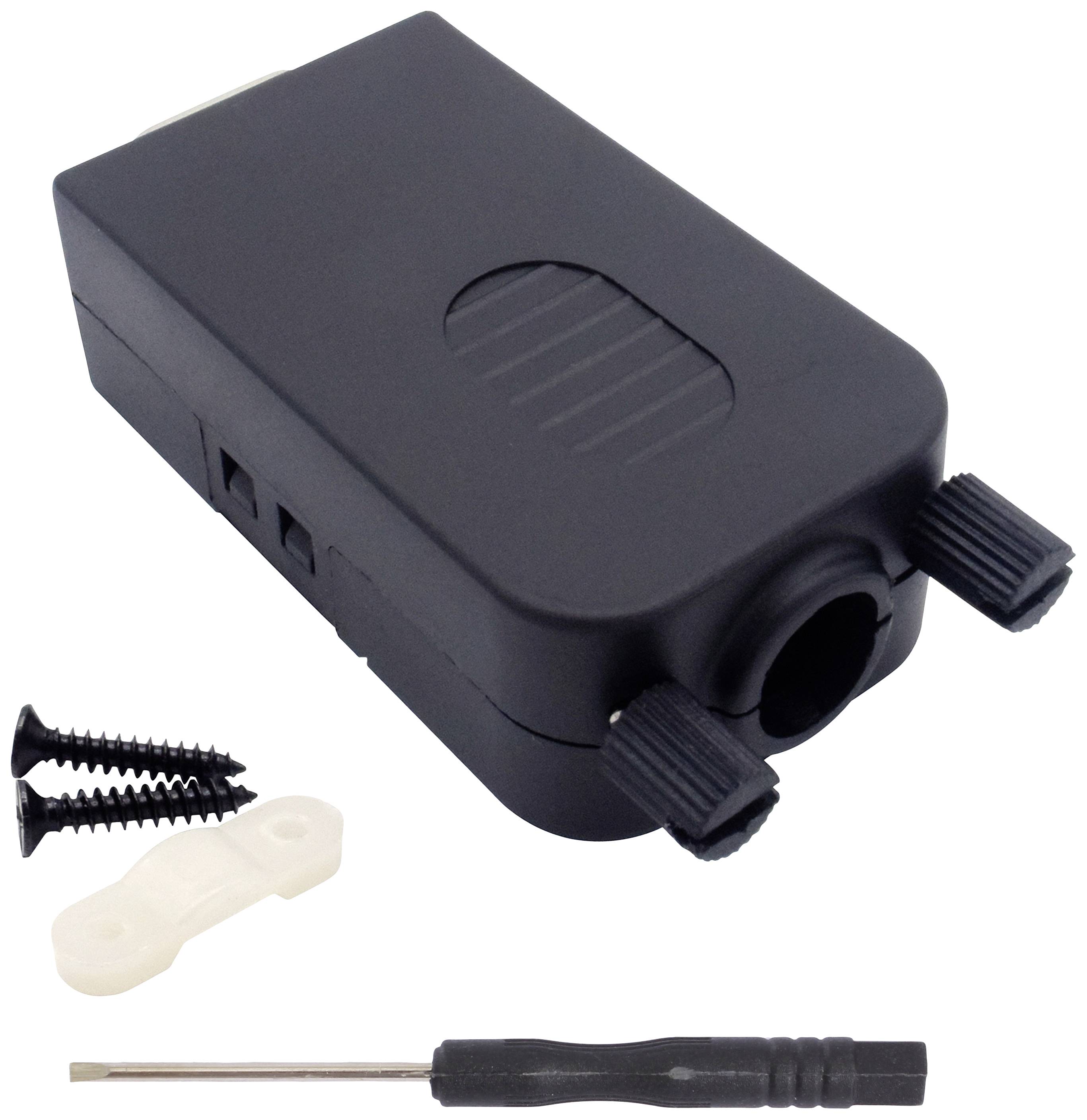 Black electrical component with two screw knobs, small screwdriver, two screws and white mounting bracket on white background.