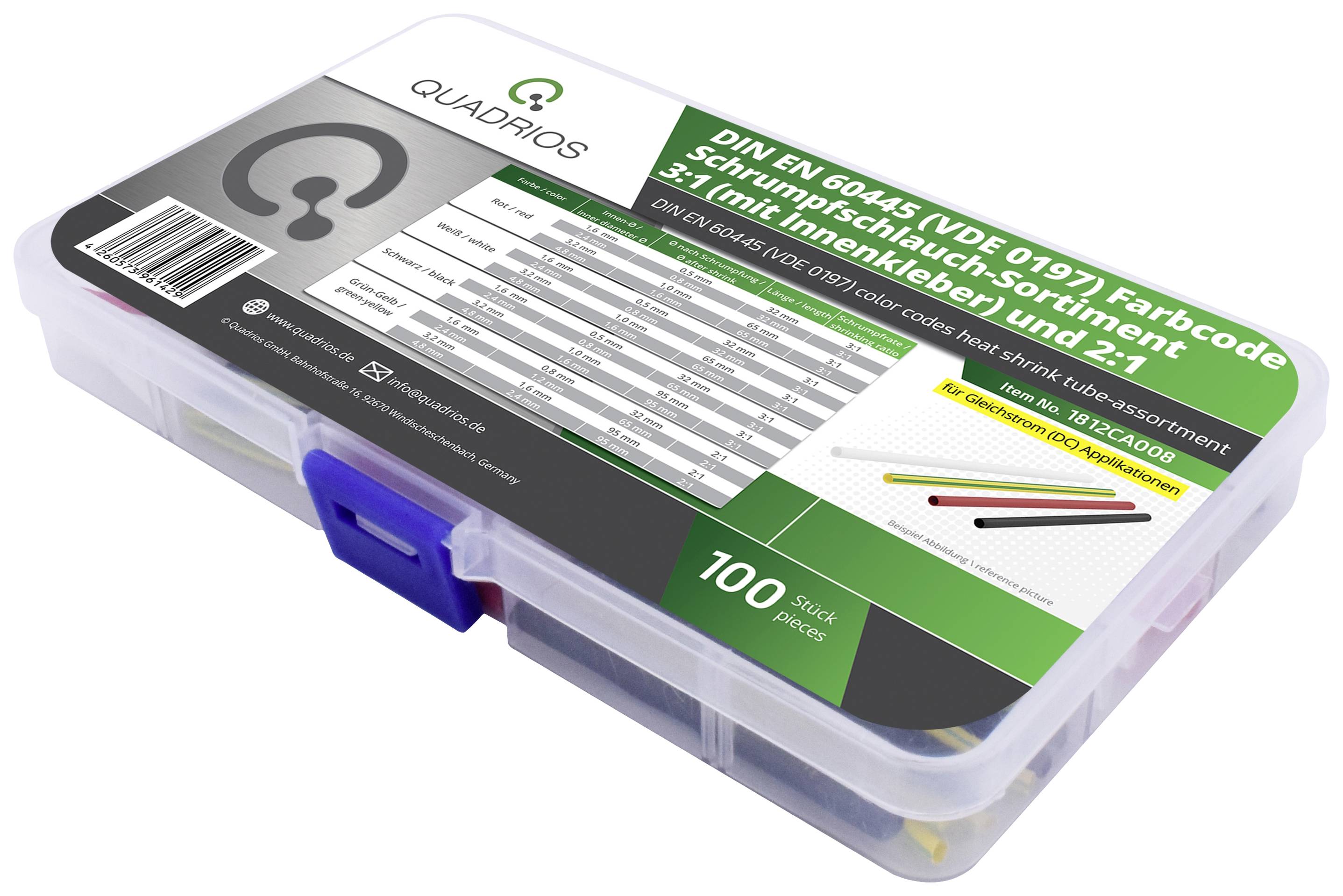 Quadrios 1812CA008 Heatshrink set Black, Red, White, Green-yellow Shrinkage:3:1, 2:1 100 Parts