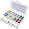 Plastic storage box with an open lid displays colourful spare light bulbs and light fittings, neatly arranged in different compartments.