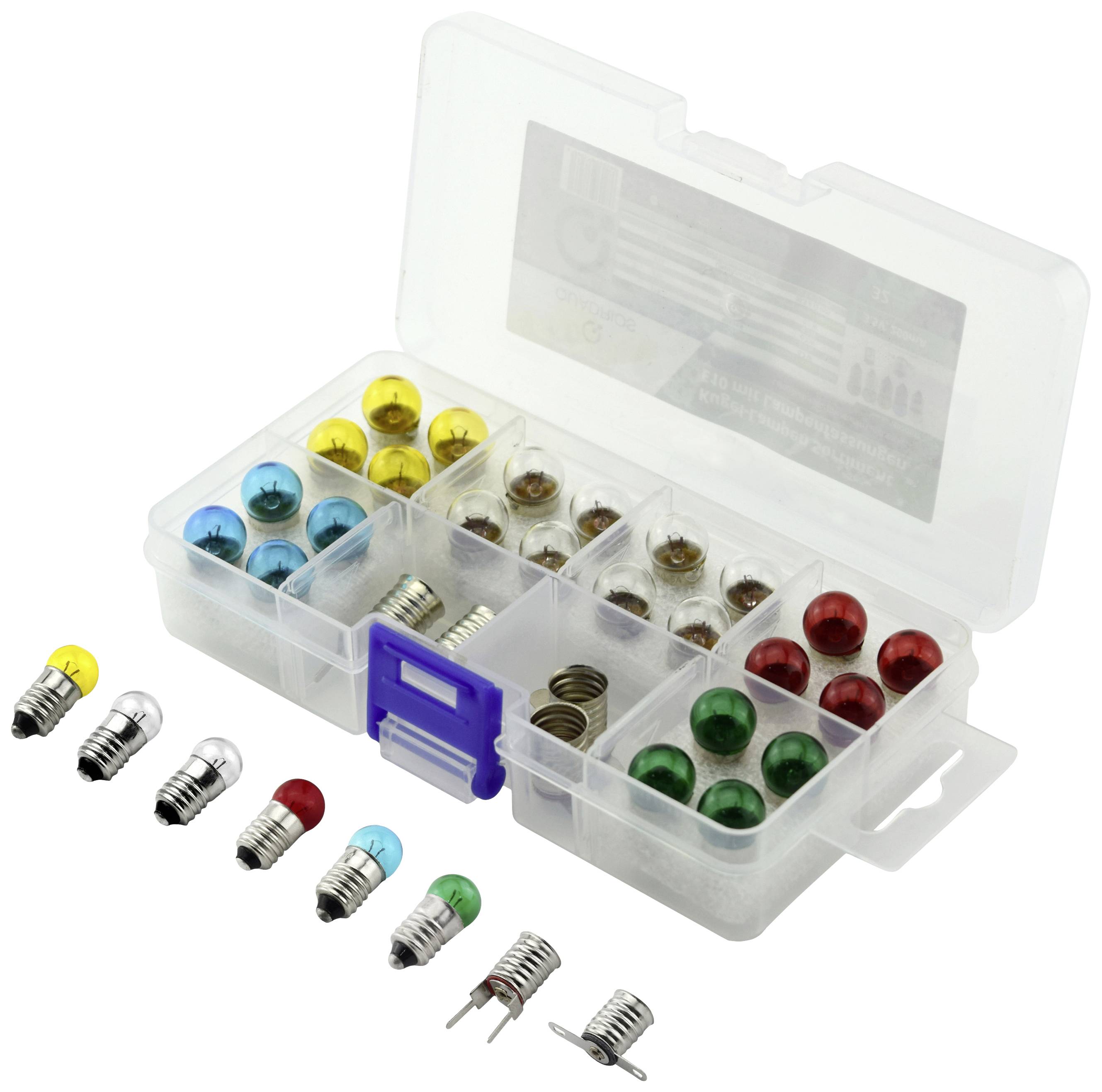 Transparent plastic box with compartments containing colourful LED lights and matching adapters in various colours and shapes.