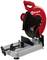 Einhell metal cutting saw with a red housing and cutting protection element, mounted on a robust metal stand.
