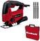 'Red jigsaw with Einhell logo, three saw blades and a carry case. Tool for precise woodworking or metalwork.'