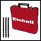 Red tool case with 'Einhell' logo and three saw blades beside it.
