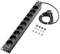 'Ten-socket power strip in black design. Includes loose screws and nuts for mounting.'