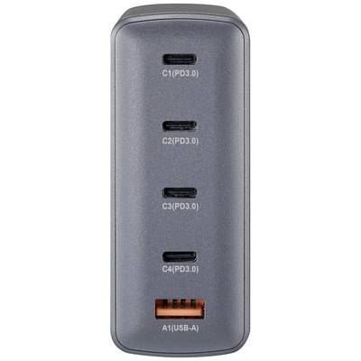 A charger with four USB-C ports, labelled as 'C1(PD3.0)', 'C2(PD3.0)', 'C3(PD3.0)', 'C4(PD3.0)', and a USB-A port, labelled 'A1(USB-A)'.