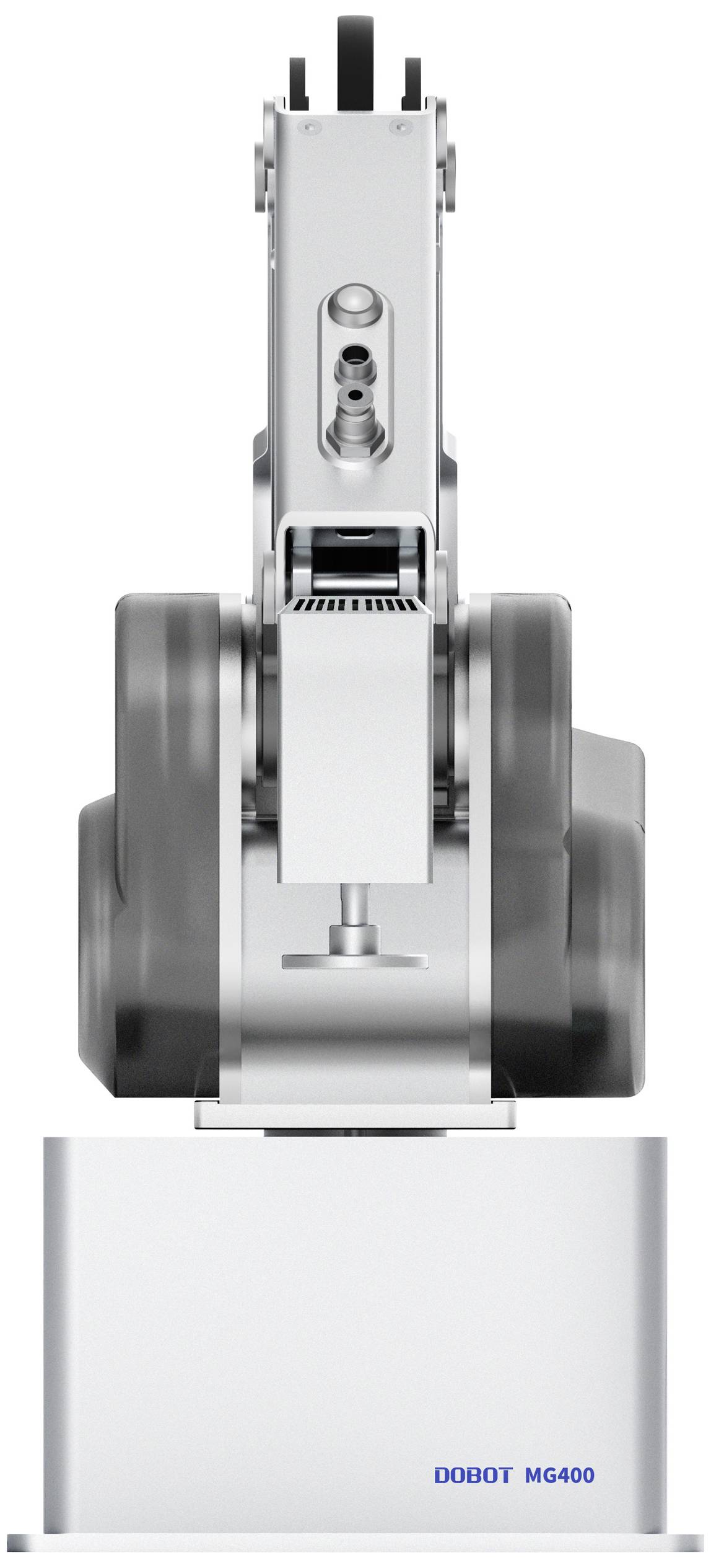 A silver robotic arm viewed from above, stands on a white base with the inscription 'DOBOT MG400'.