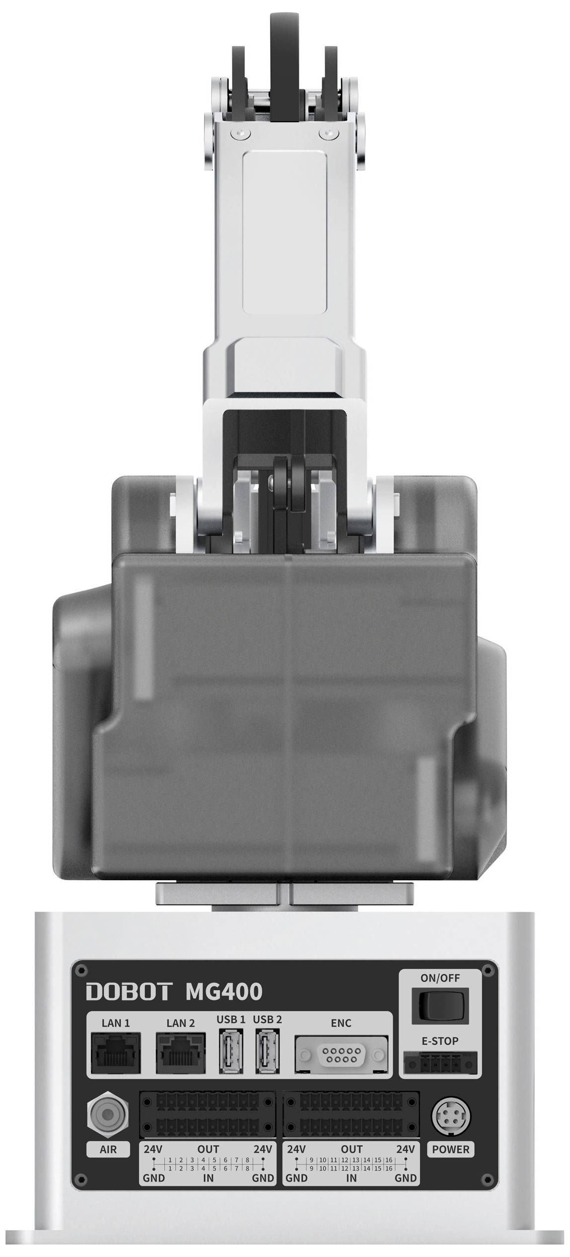 Industrial robotic arm 'Dobot MG400' in grey, visible from front and back. It shows various connections on the rear side.