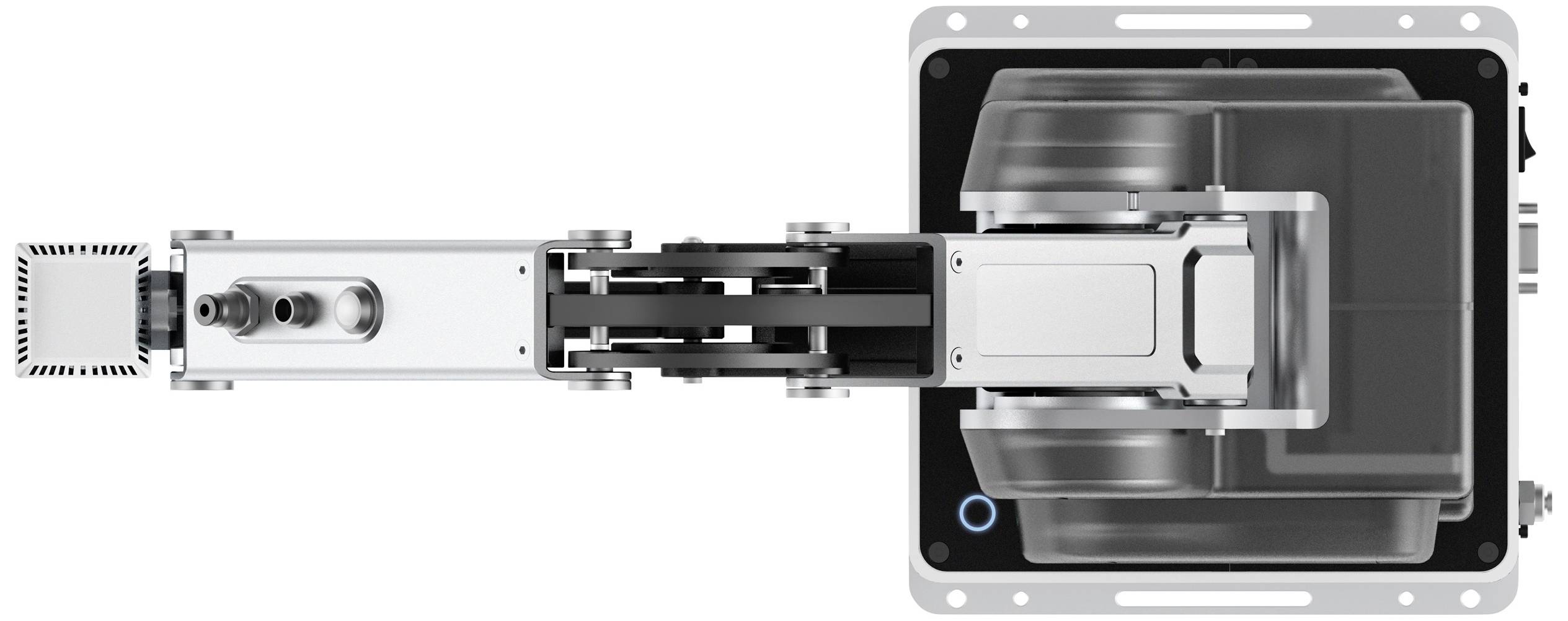 Robotic arm with a silver metal casing, viewed from above. The arm extends from left to right, terminating in a square platform.