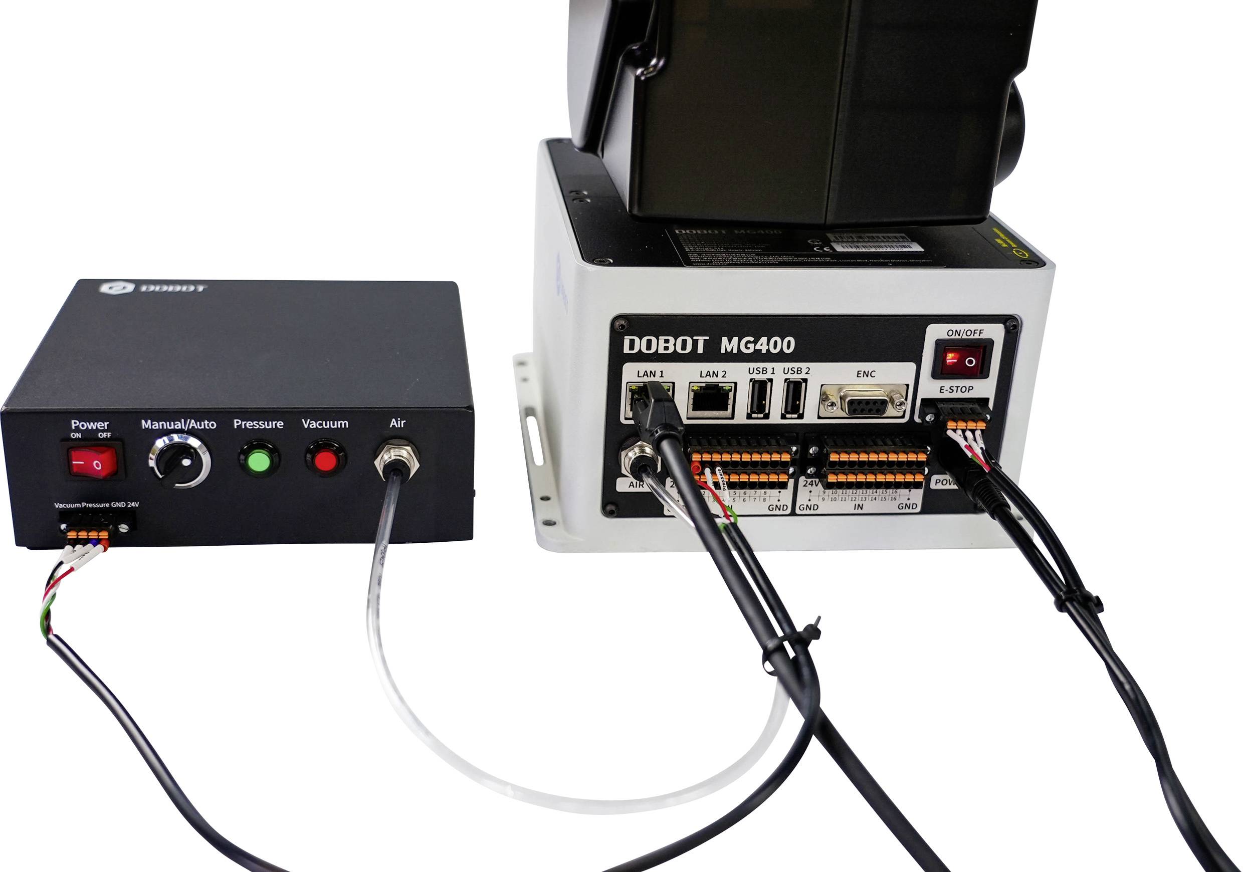 'Image of a DOBOT MG400 Controller with cable connections and control buttons for pressure, vacuum, and air. Technical setup for control.'