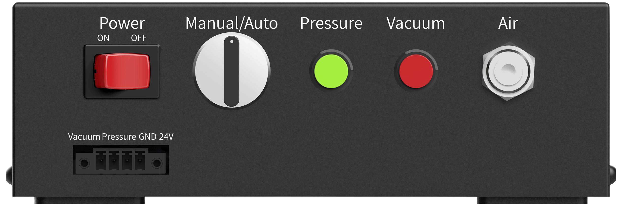Black control panel with three indicator lights and two rotary switches. Lights: 'Pressure' green, 'Vacuum' red, 'Air' white. Switches for 'Power' and 'Manual/Auto'.