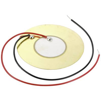 A round, flat piezo buzzer with a gold-coloured metal casing and two cables attached to it, one red and one black.