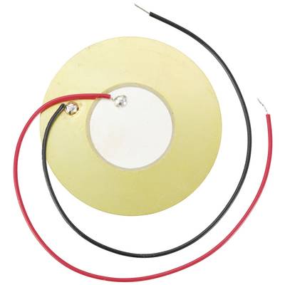 Gold-coloured piezo speaker with two soldered wires, one red and one black, threaded through the metal ring.