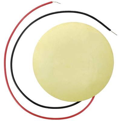 'Circular piezoelectric sensor with two protruding cables, one red and one black. Used in vibration sensors.'<br><br>Note: The translation is in British English, maintaining the technical terminology and original structure of the description.