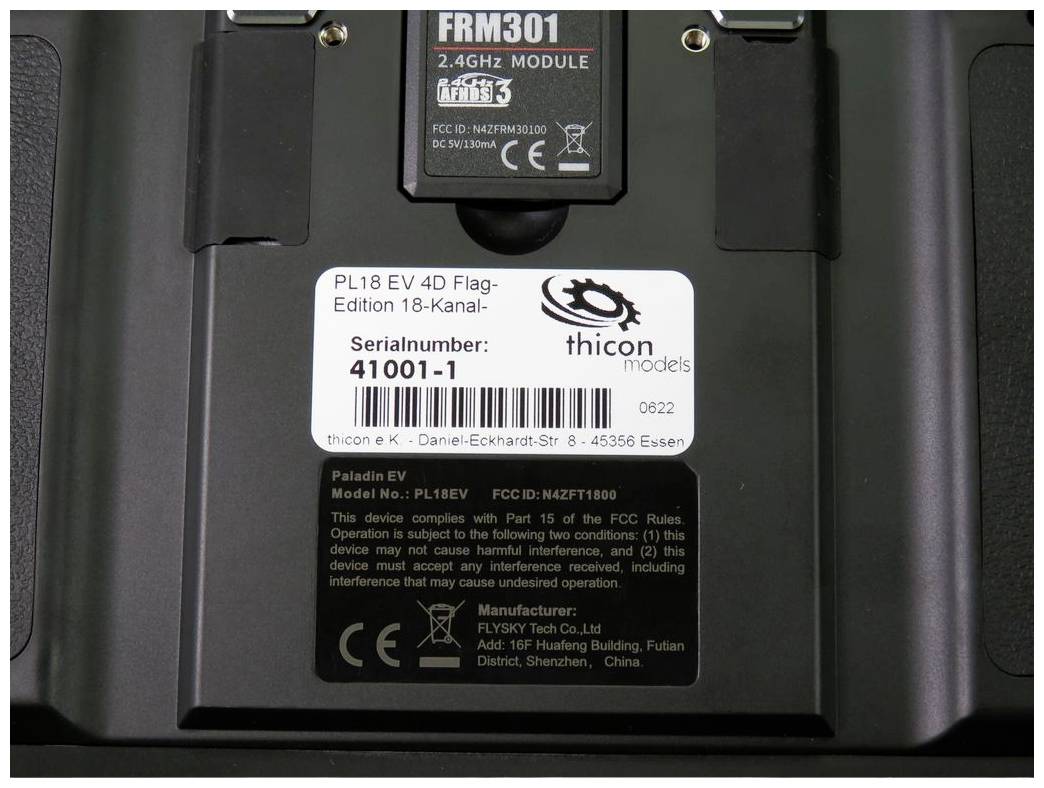 Label with model number 'PL18 EV 4D Flag-Edition 18-Channel', serial number '41001-1', manufacturer information and FCC notice.