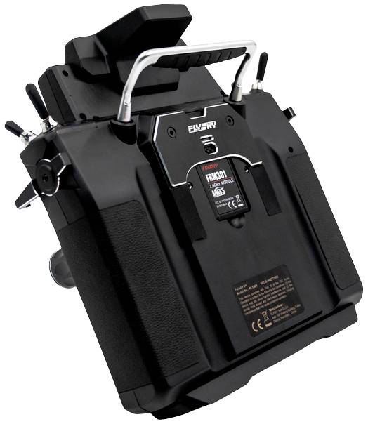 A black remote control with multiple buttons, switches, and a handle. It has a display and aerials for controlling wireless devices.