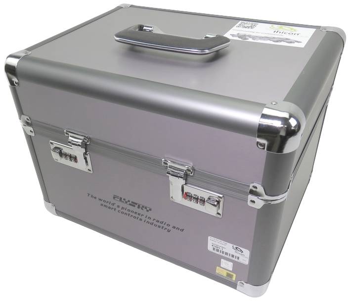 A silver, locked metal briefcase with combination locks and a handle on top. Text about radio and security industry is written on the side.