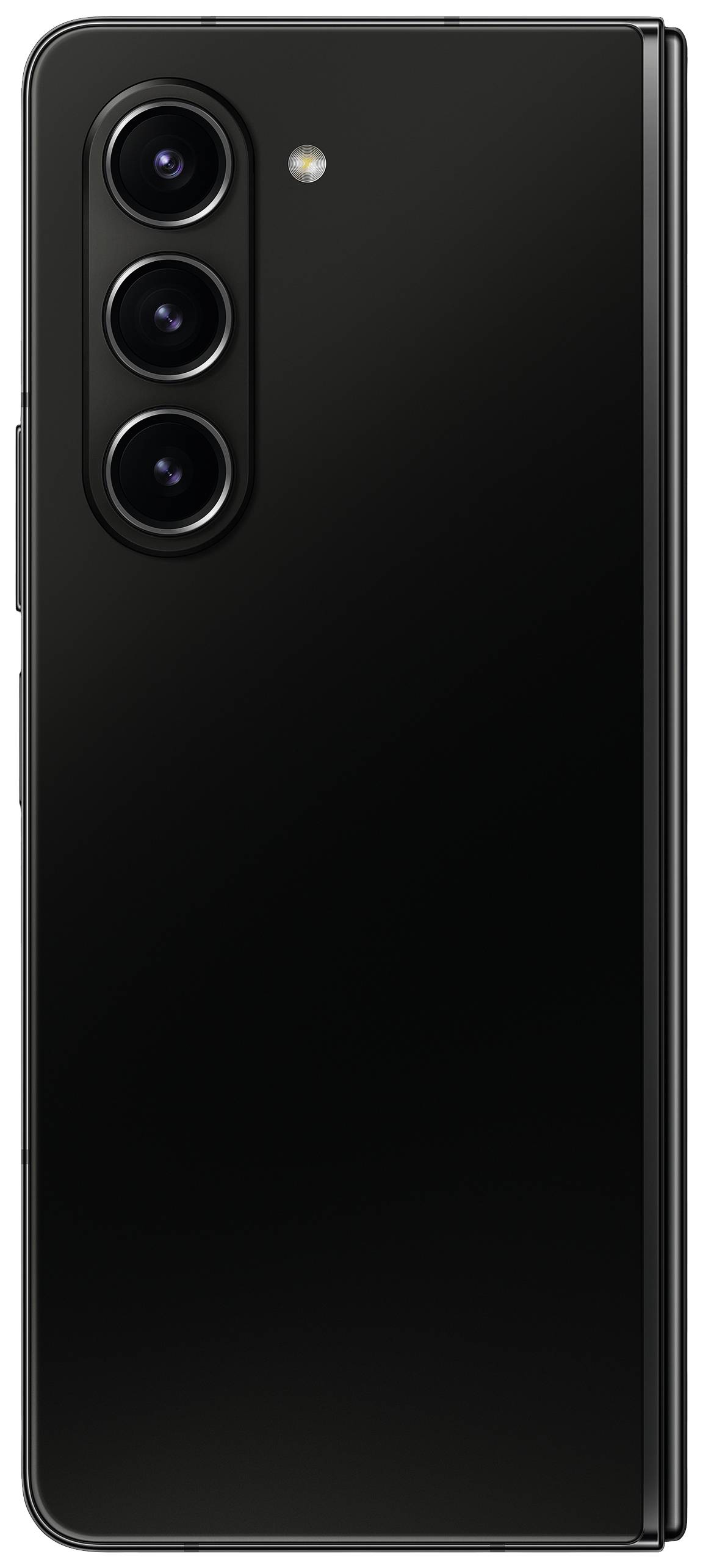 A modern, black smartphone with three cameras arranged vertically on the back.