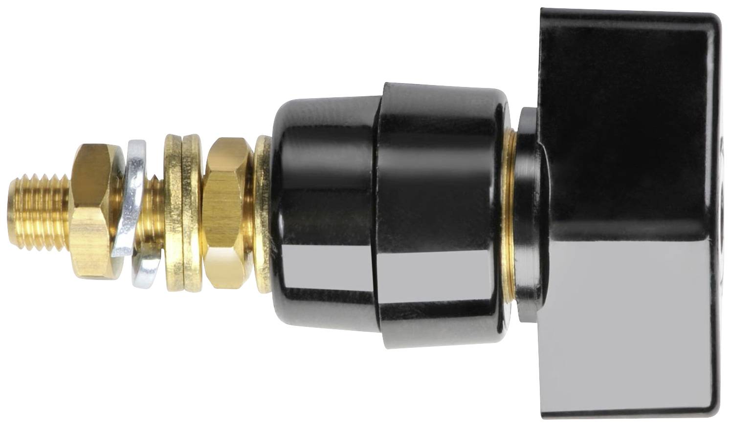Metal screw connection with a black plastic cover, comprising multiple metal rings and a gold-coloured screw.